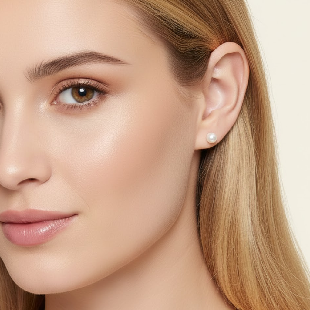 Close-up of a woman's face wearing a pearl earring on a beige background