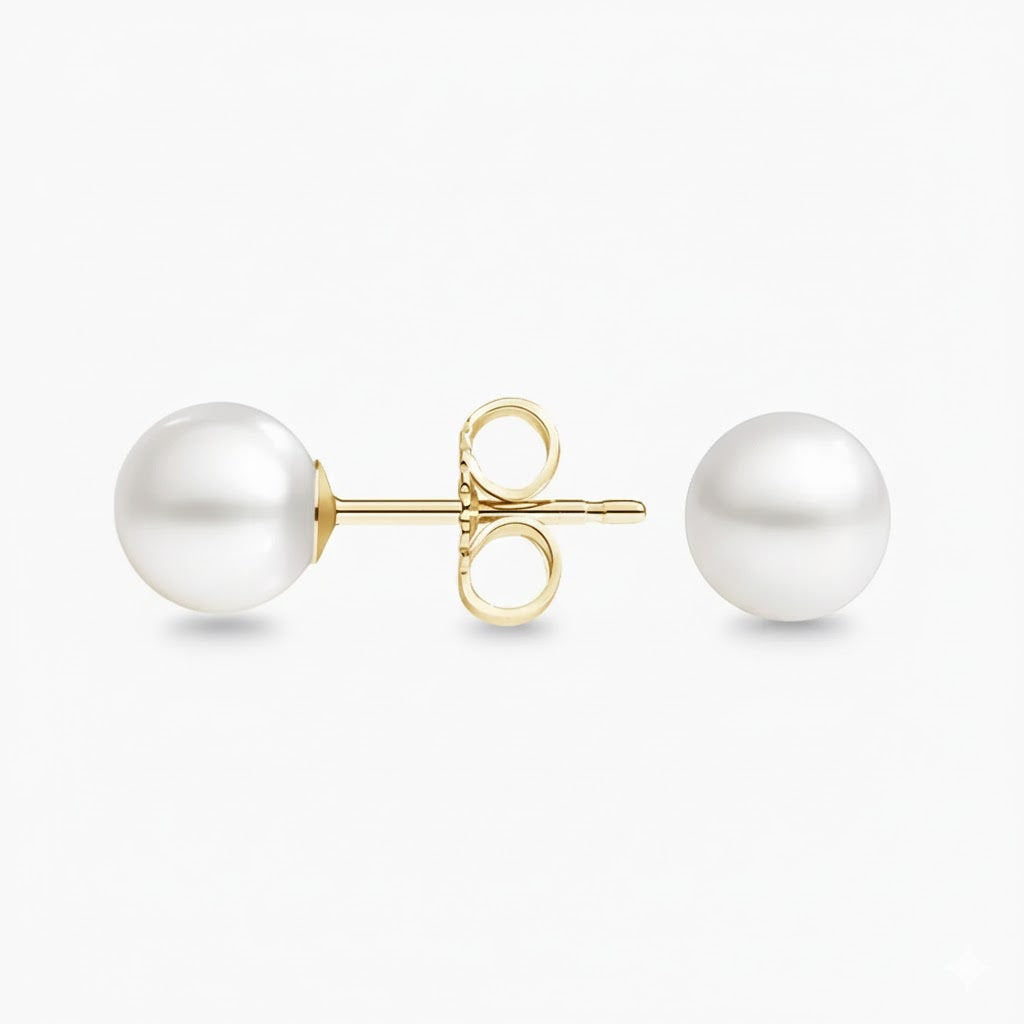 Pearl earrings with gold posts on a white background