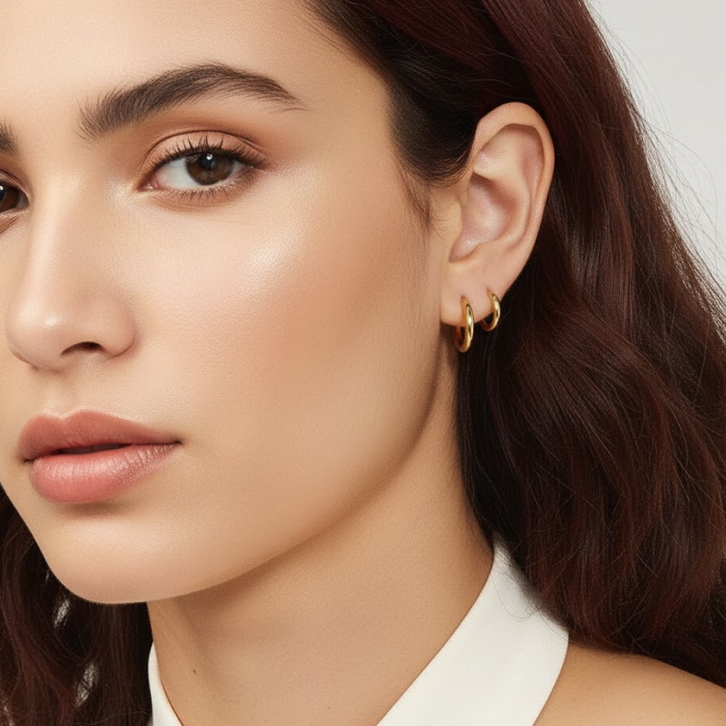 Close-up of a woman wearing gold hoop earrings with a neutral background